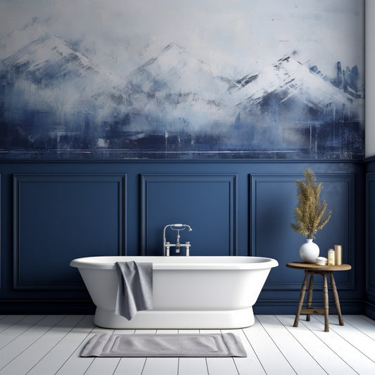 Arctic Serenity Wallpaper n Bathroom With Half Navy Panelled Wall and White Wall As Well As Bathtubpsd