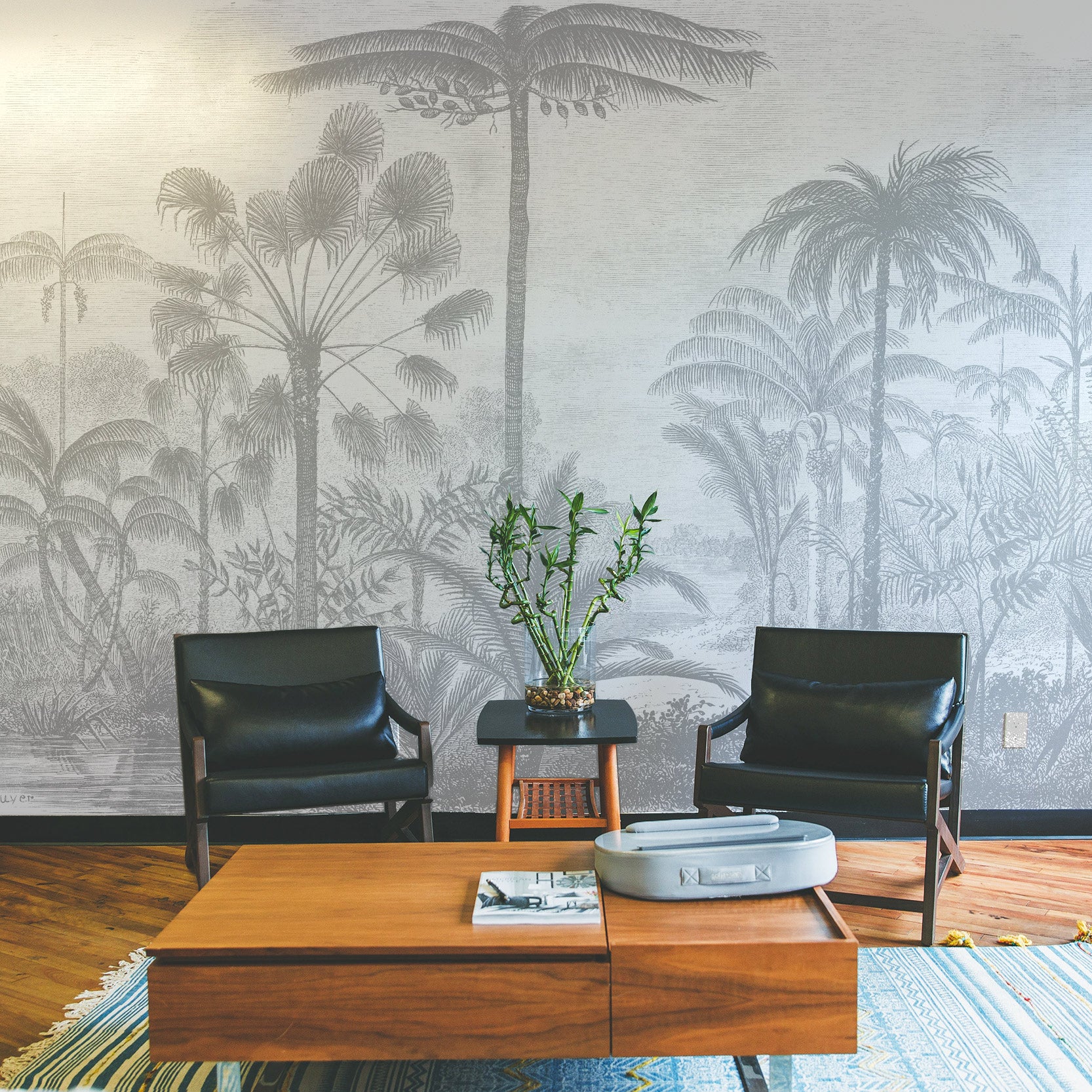 Wall Mural - Grey Vintage Tropical Etching - Removable Vinyl (Peel & Stick) - Made to Measure