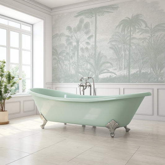 Arthur Sage Wallpaper In Bathroom With Large Windows And Light Mint Green Bathtub
