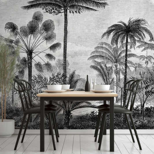 Arthur Wallpaper In Dining Room With Black Tables And Chairs With Wooden Table Top