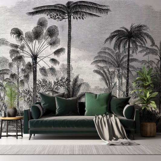 Arthur Wallpaper In Living Room With Dark Black Green Sofa And Plants