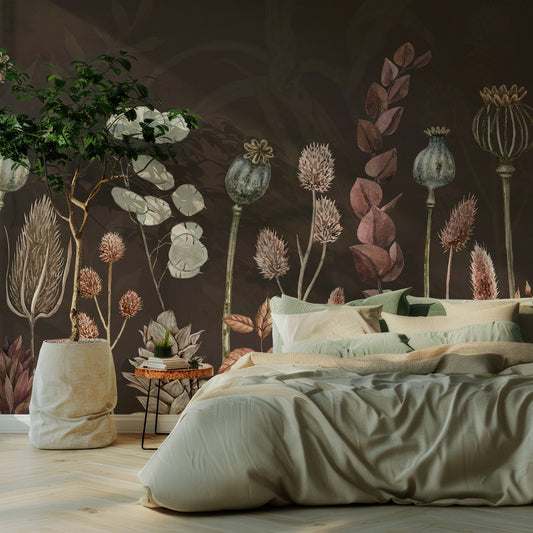 Autumn Flowers Brown In Bedroom With Sage Green Bed And Small Green Tree