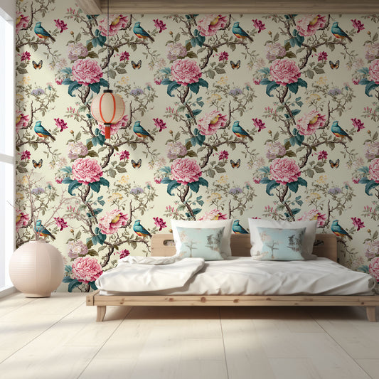 Avianesque Wallpaper In Chinese Bedroom With Double Size Wooden Bed With White Bedding And Cushions