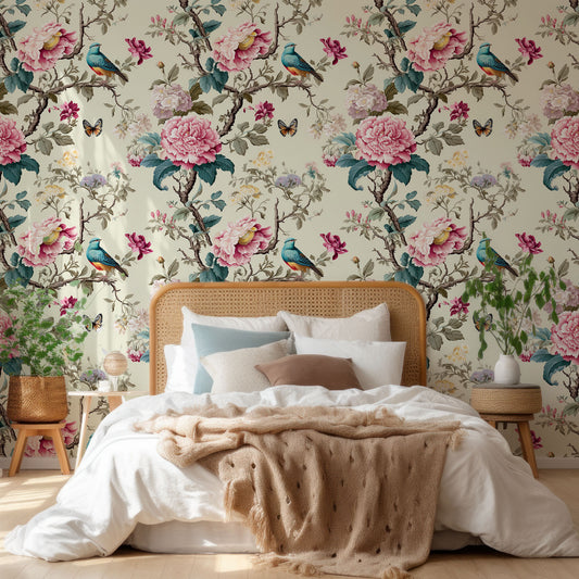 Avianesque Wallpaper In Wooden Bed With White Bedding With Beige Blankets And Green Plants Either Side