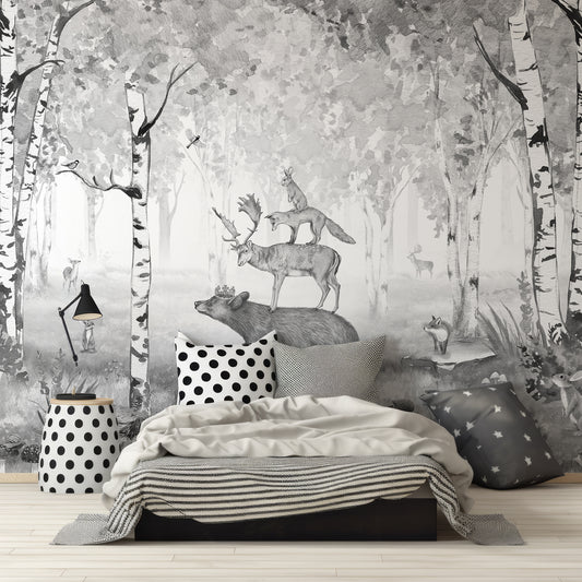 Bear King Black & White In Children's Bedroom With Monochrome Bed And Black & White Polkadot Pillows