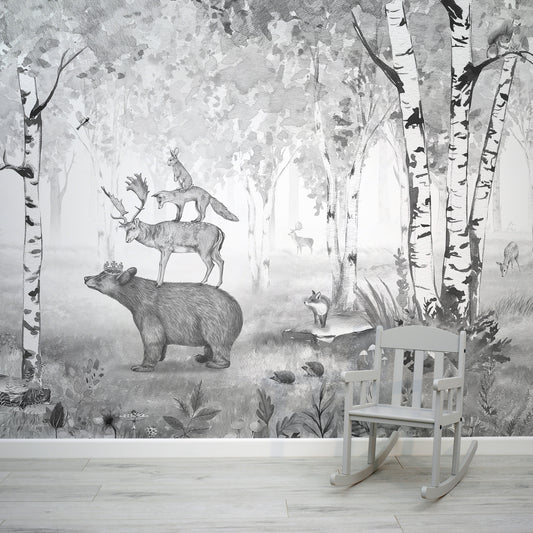 Bear King Black & White Wallpaper In Room With Kids Grey Chair