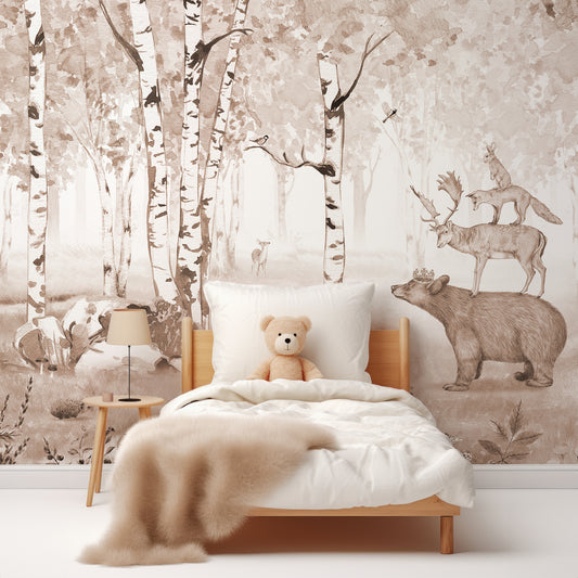 Bear King Brown In Children's Bedroom With White Bed And Fluffy Beige Blanket With Teddy Bear In The Bed