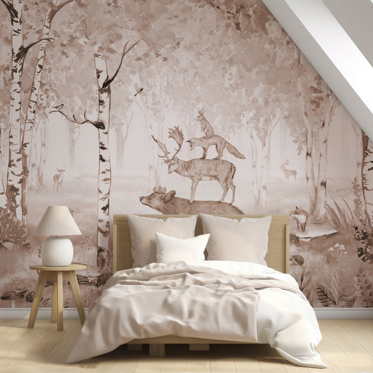Bear King Brown Wallpaper In Girl's Bedroom With Peach Pink Bed