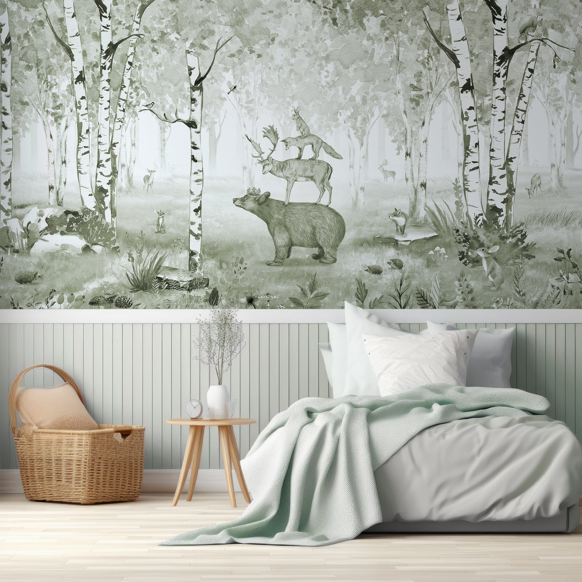 Wall Mural - Children's Green Watercolour Woodland - Traditional Wallpaper (Paste-the-wall) - Made to Measure