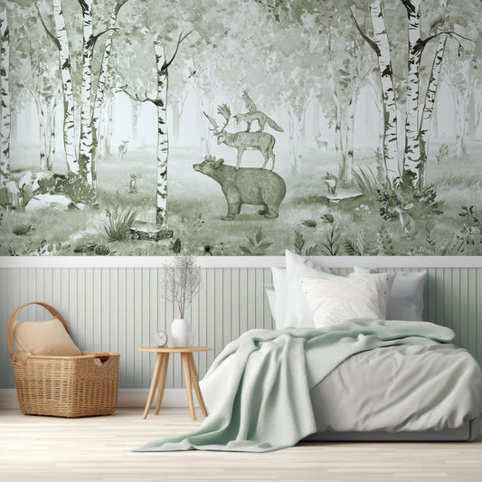 Bear King Green Wallpaper In Children's Bedroo With Single Baby Blue Bed, Blue Panelled Walls And Wooden Baskets