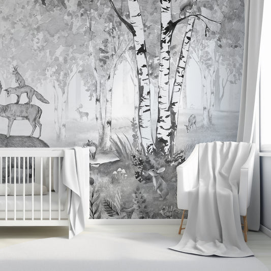 Bear King Wallpaper In Baby Blue Nursery Room With White Cot & Blankets