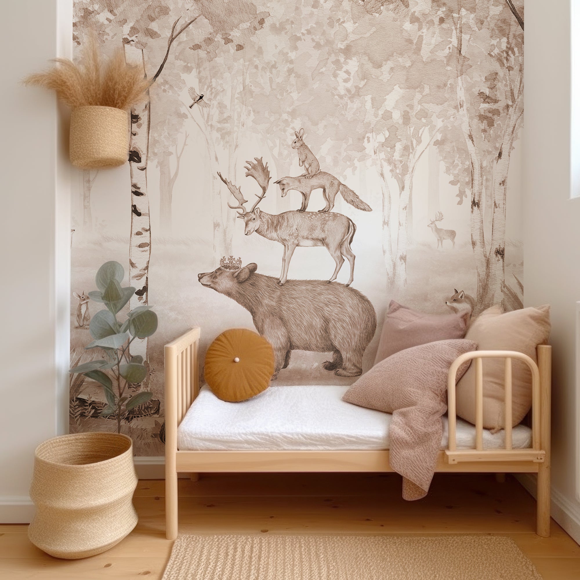Wall Mural - Children's Brown Watercolour Woodland - Traditional Wallpaper (Paste-the-wall) - Made to Measure