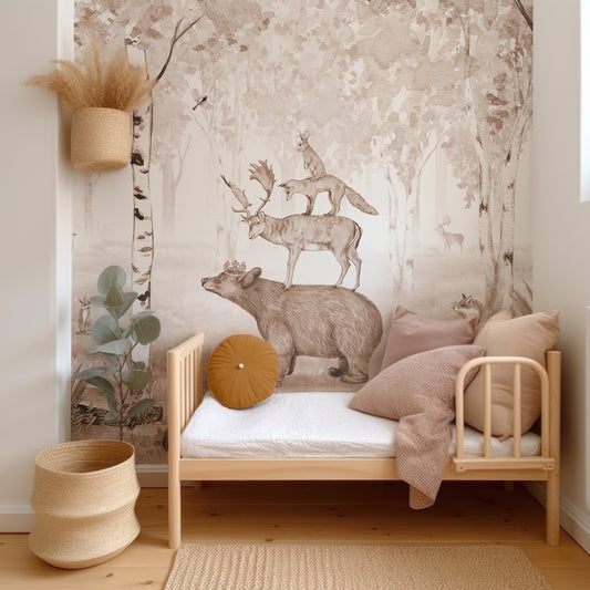 Bear King Wallpaper In Child's Bedroom With Wooden Bed and Neutral Colored Cushions and Plants