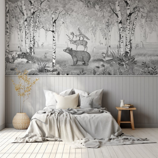 Bear King Wallpaper In Children's Bedroom With Grey Panelled Wall With Grey Bed & Yellow Cushion