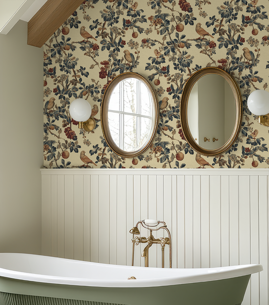 Bathroom with floral wallpaper, round mirrors, and a freestanding bathtub.