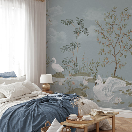 Evangeline - Powder Blue Swan Lake Scene Wallpaper Mural