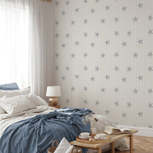 Piper - Coastal Pinstripe Starfish Wallpaper Mural