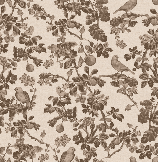 Pattern of birds and branches on a beige background