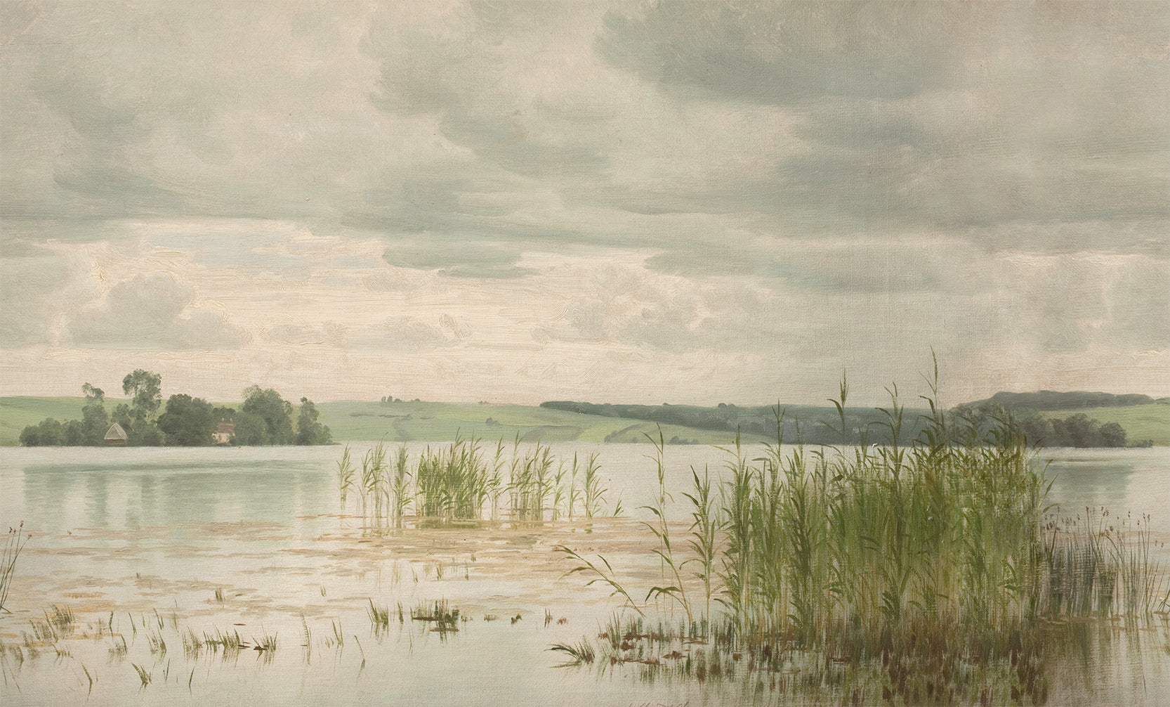 Beverley Wallpaper Landscape with a lake, grass, and distant trees under a cloudy sky.
