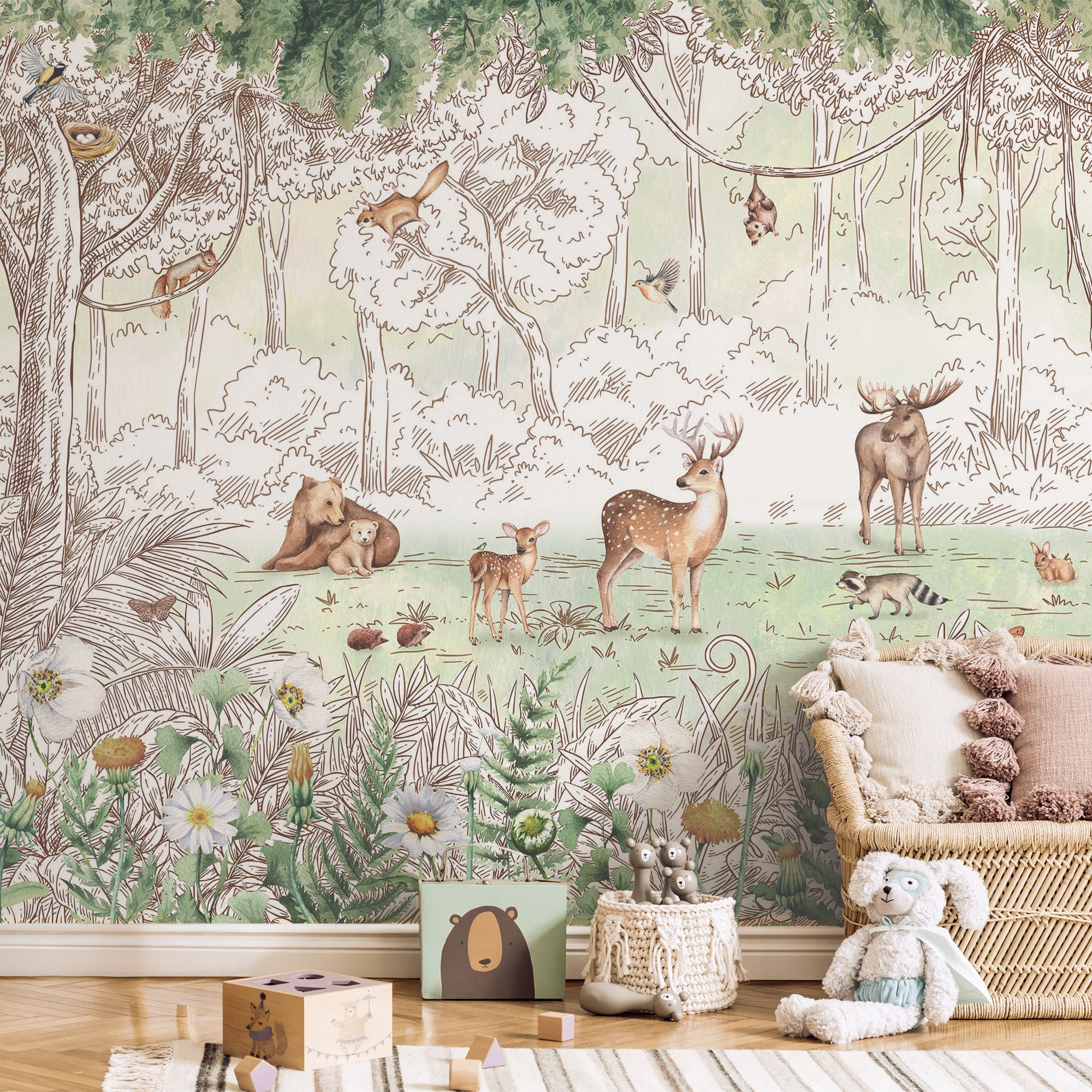 Wall Mural - Springtime Watercolour Children's Illustration - Removable Vinyl (Peel & Stick) - Made to Measure