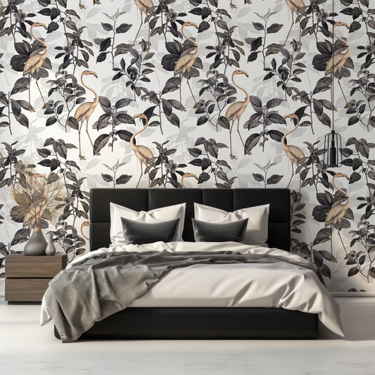 Nera Wallpaper In Bedroom With Black Queen Size Bed With Wooden Cabinets And Plants