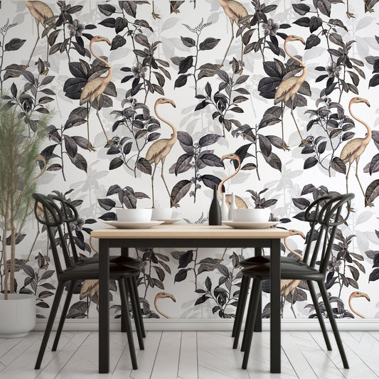 Nera Wallpaper In Dining Room With Black Tables And Chairs With Wooden Table Top