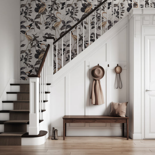 Nera Wallpaper In Hallway With Dark Wooden And White Stairway
