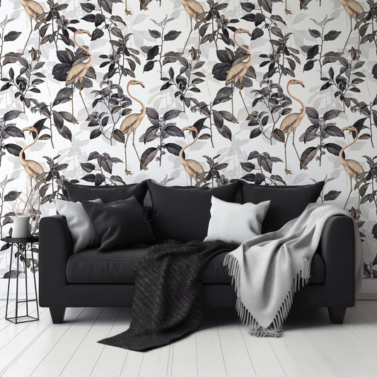 Nera Wallpaper In Living Room With Dark Black Slofa And Grey And Black Blankets With Small Black Coffee Table