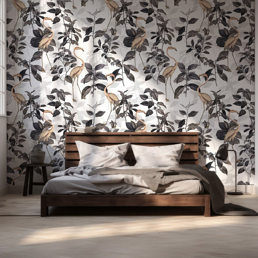 Nera Wallpaper In Room With Dark Wooden Queen Size Bed & Grey Bedding