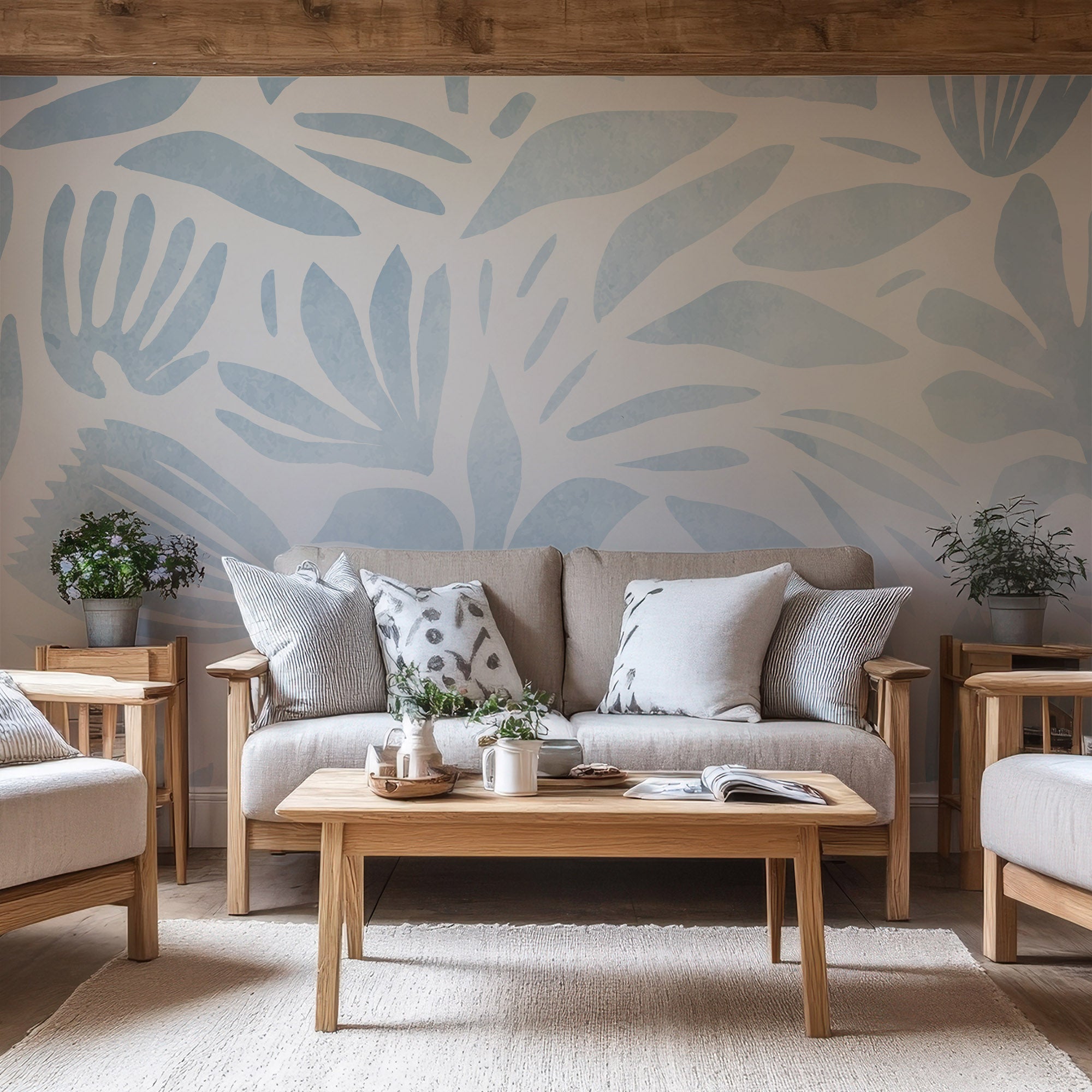 Wall Mural - Blue and White Watercolour Abstract Flower - Traditional Wallpaper (Paste-the-wall) - Made to Measure