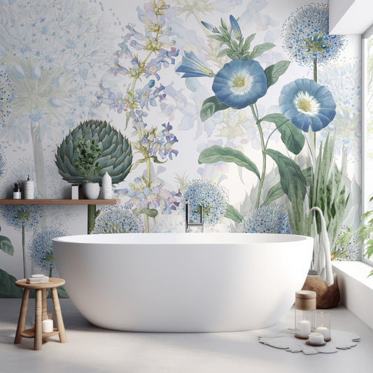 Blue Wild Meadow Wallpaper In Bathroom With White Bathtub And Green Plants With Wooden Stool & Candle
