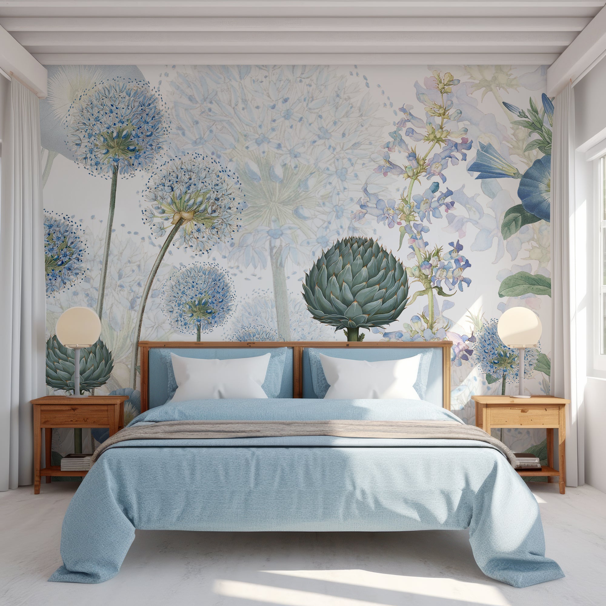 Wall Mural - Blue, Green and White Watercolour Floral - Removable Vinyl (Peel & Stick) - Made to Measure