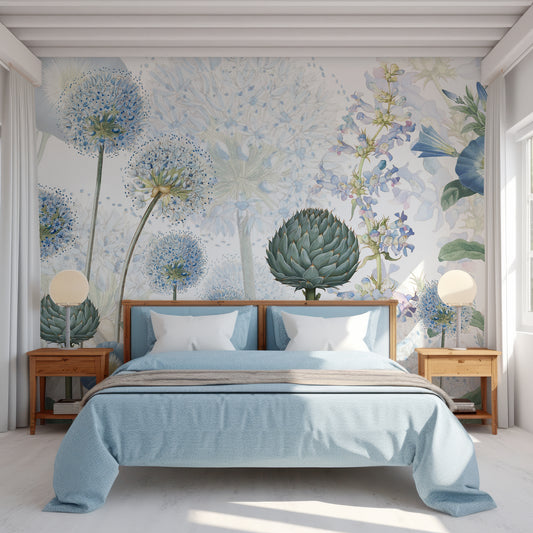 Blue Wild Meadow Wallpaper In Bedroom With Light Blue Bedding And Wooden Side Tables