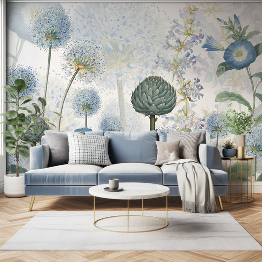 Blue Wild Meadow Wallpaper In Living Room With Dark Blue Sofa With Green Plants And Golden Accents