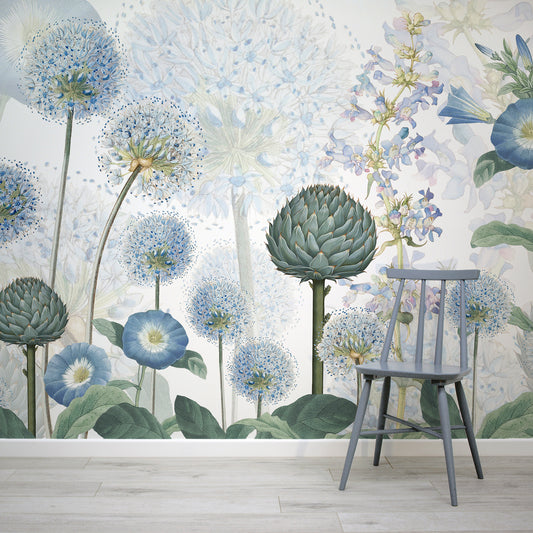 Blue Wild Meadow Wallpaper Mural In Room With Blue Chair