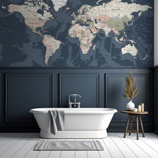 Blue World Map Dark Wallpaper In Bathroom With Half Navy Panelled Wall and White Wall As Well As Bathtub
