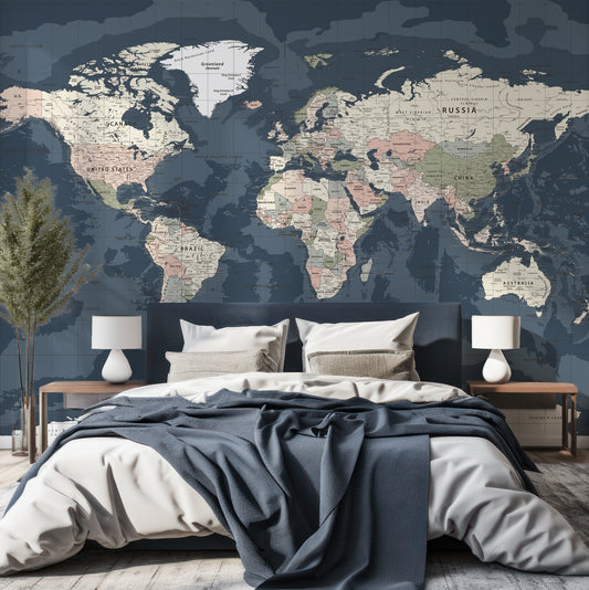 Blue World Map Dark Wallpaper In Bedroom With Navy Blue Bed And Large Green Plant