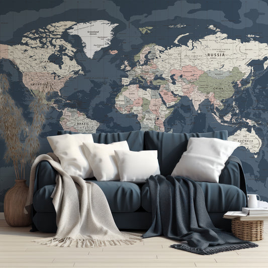 Blue World Map Dark Wallpaper In Living Room With Navy Blue Sofa With White Cushions And Navy Blue Blankets