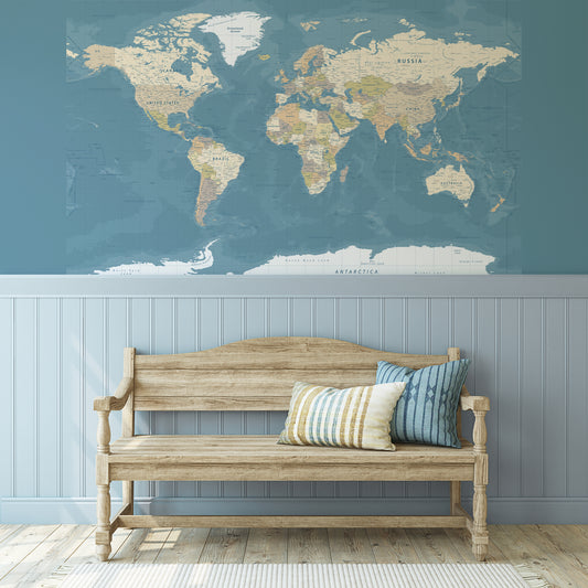 Blue World Map with panelling and wooden bench