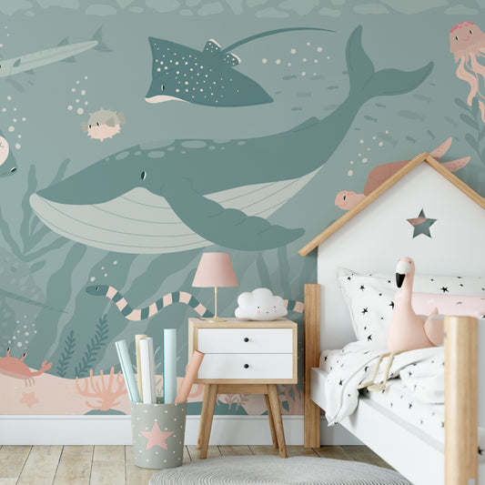 Blush Green Submerged Fantasia Wallpaper in girl's bedroom with bed in the shape of a house with star bedding sheets and toy flamingo on top of bed