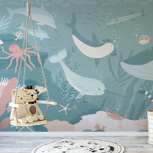 Blush Green Submerged Fantasia wallpaper in children's room with hanging small seat with stuffed lion and cat toy
