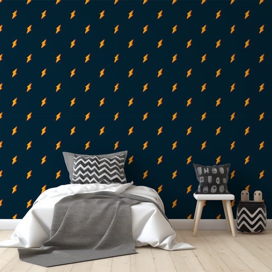 Bolt Wallpaper In Children's Monochrome Bedroom With Black, White & Grey Bed