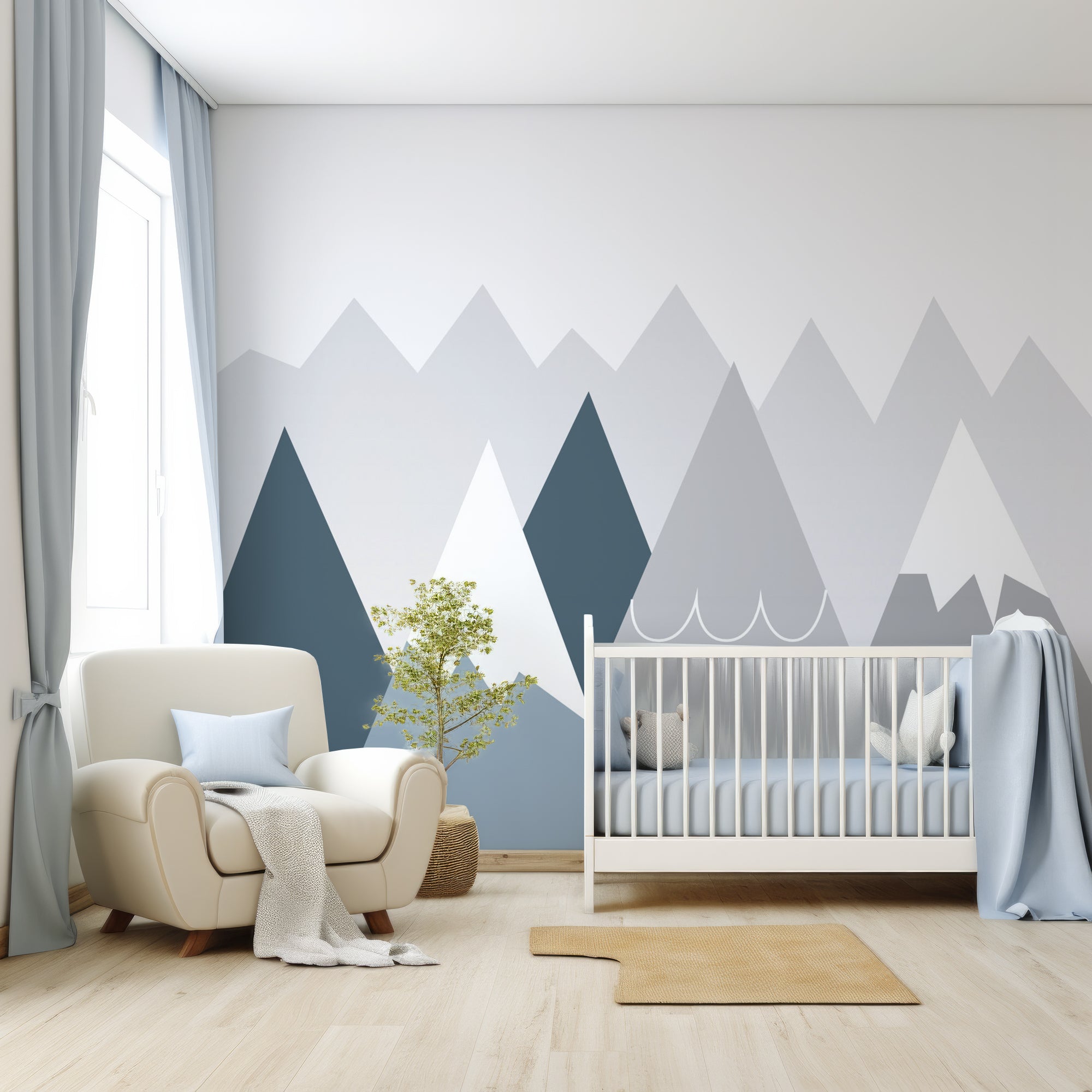 Wall Mural - Blue and Grey Children's Mountain - Traditional Wallpaper (Paste-the-wall) - Made to Measure