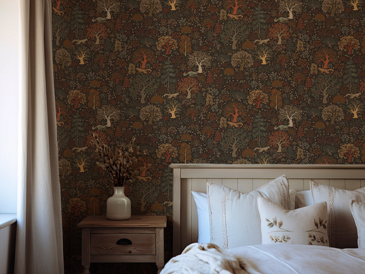 Bedroom with patterned wallpaper and decorative pillows on a bed.