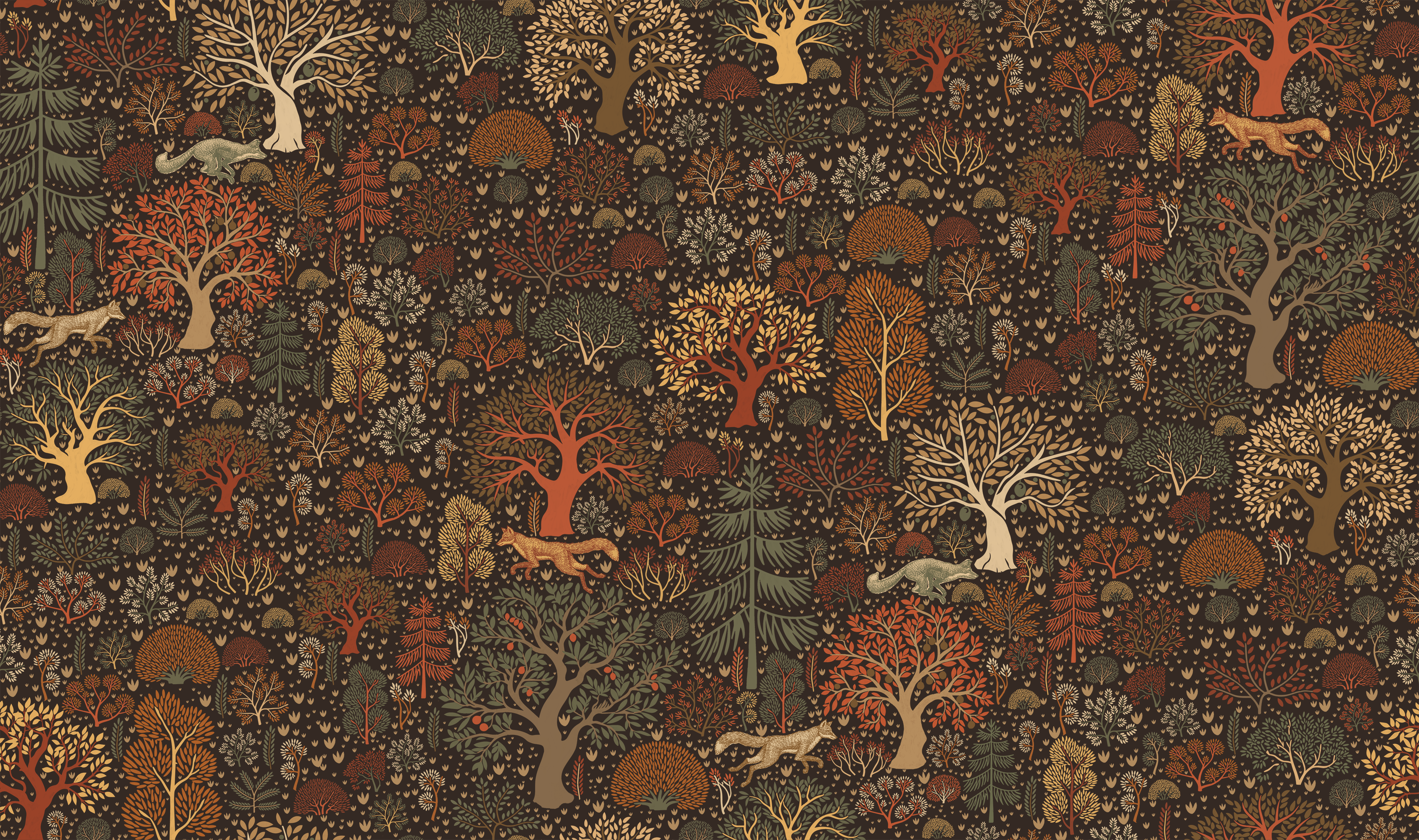 Patterned Wallpaper with trees and animals on a dark background