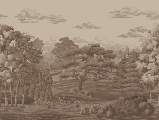 Vintage-style landscape with trees and clouds in sepia tones