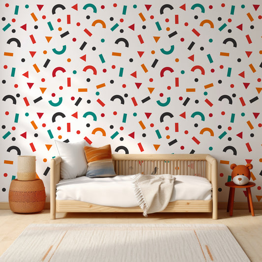 Burldly Wallpaper In Child's Bedroom With Wooden Bed And White Bedding With Orange & Blue Interior