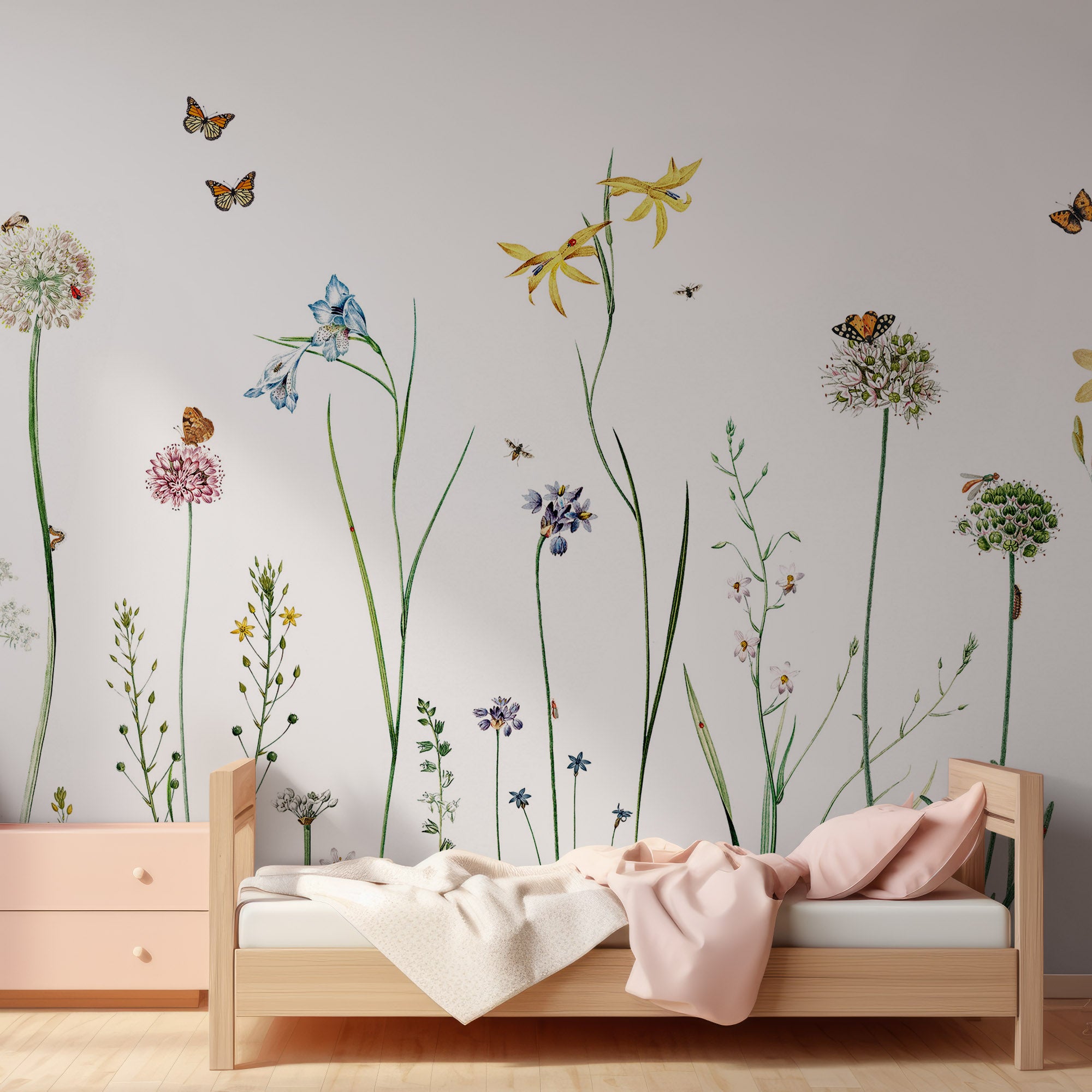 Wall Mural - Watercolour Butterflies and Bees in Flowers - Traditional Wallpaper (Paste-the-wall) - Made to Measure