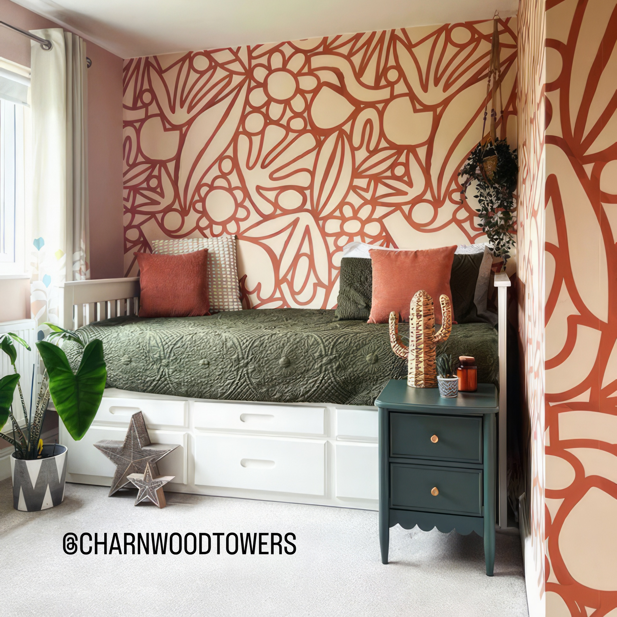 Wall Mural - Orange Floral Doodle - Traditional Wallpaper (Paste-the-Wall) - Made to Measure