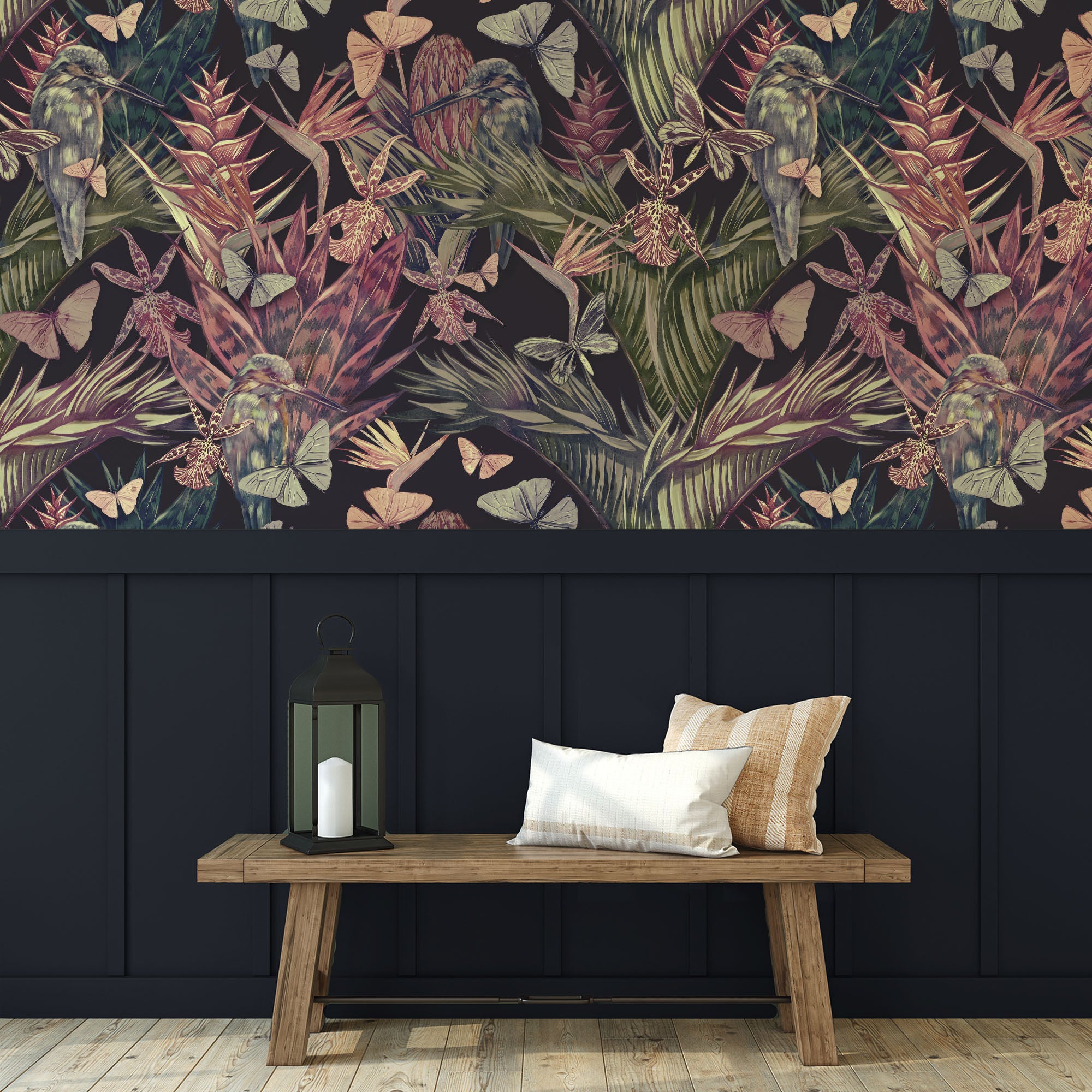Wall Mural - Dark Purple Hummingbird and Butterfly Floral - Removable Wallpaper (Peel & Stick) - Made to Measure